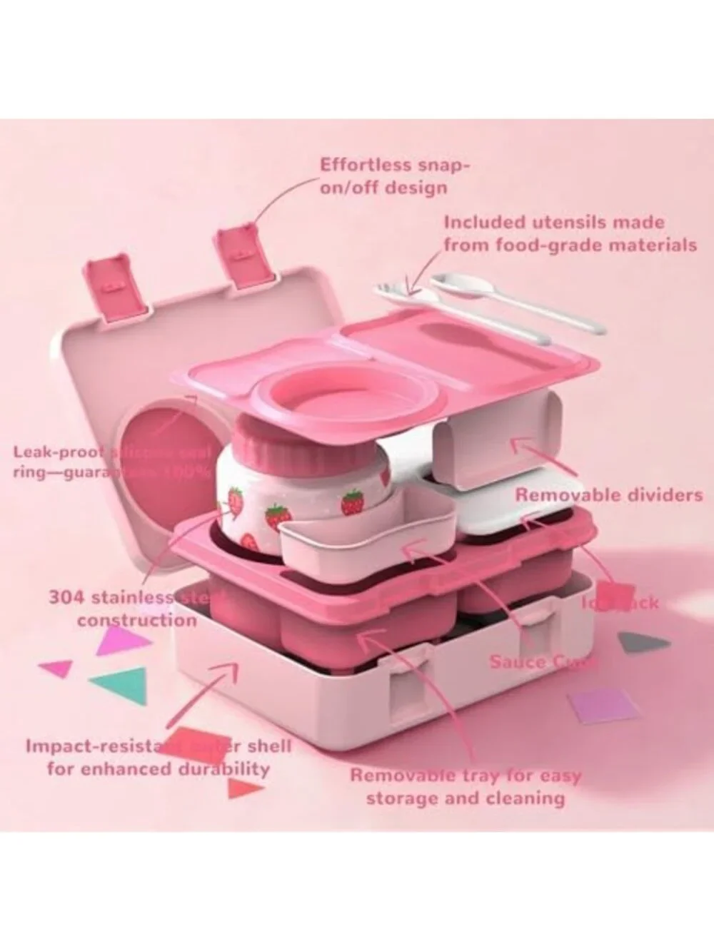 Kids Bento Box Set with Food Jar, Water Bottle & Lunch Bag - Strawberry Design